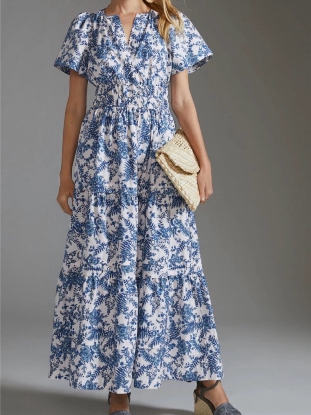 Anthropologie Maeve Blue & White Floral Tiered Maxi Dress